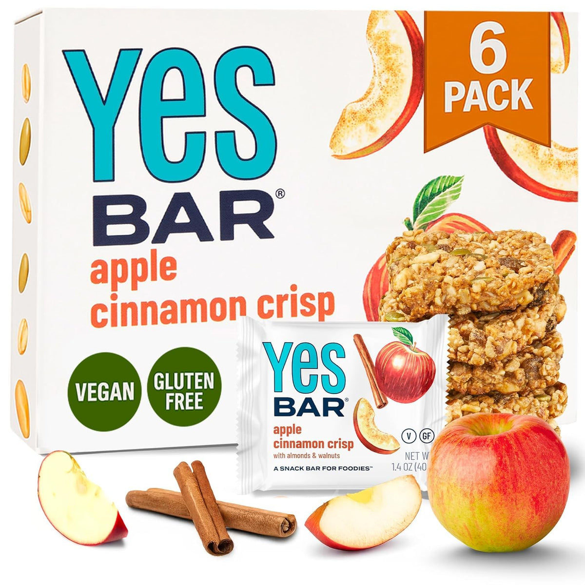 The YES Bar Apple Cinnamon pack shot highlights a convenient vegan snack.