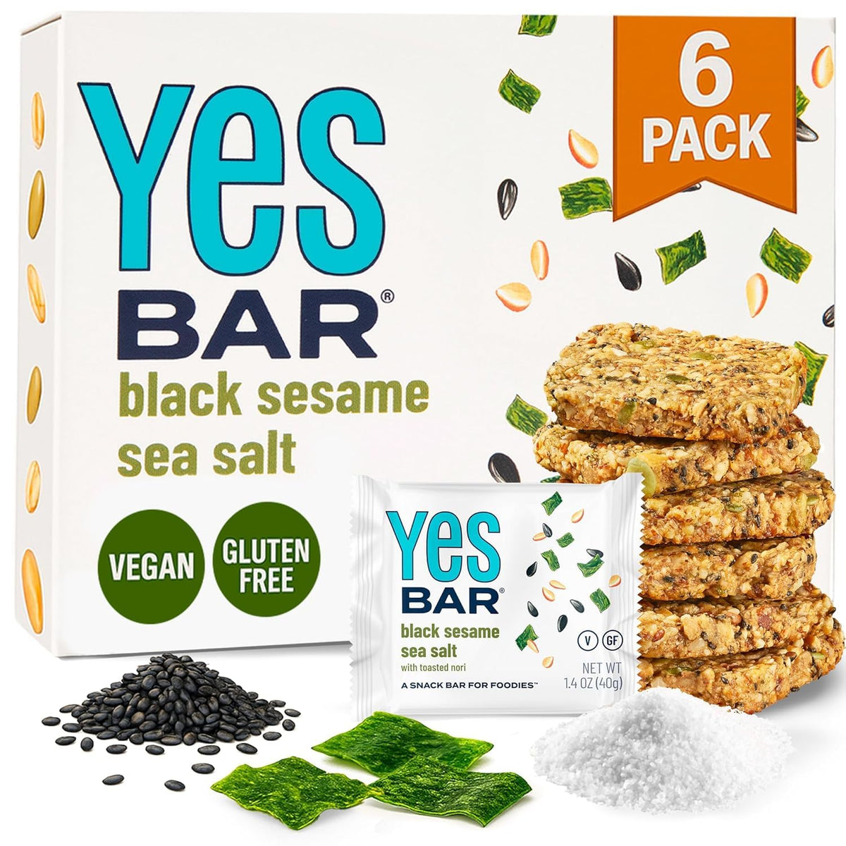 The YES Bar Black Sesame Sea Salt bar pack, premium vegan snack.