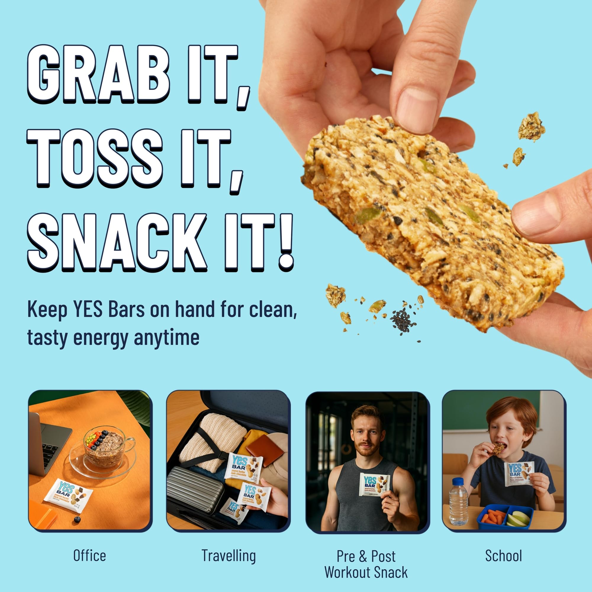 The YES Bar Dairy-free ingredient panel highlights gluten-free appeal.