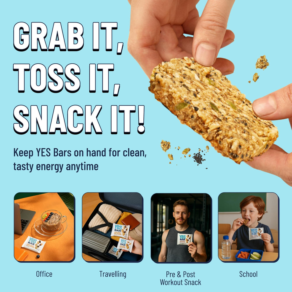 The YES Bar Dairy-free ingredient panel highlights gluten-free appeal.