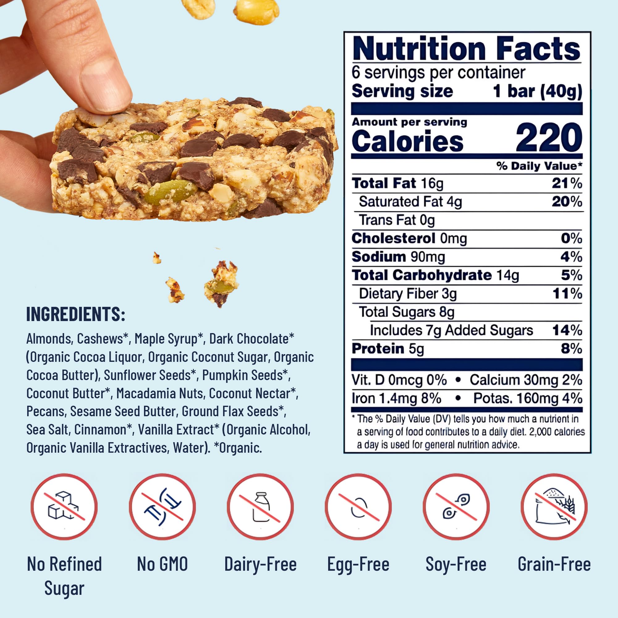 Close-up of a soft chewy YES Nut Bar with dark chocolate chips.