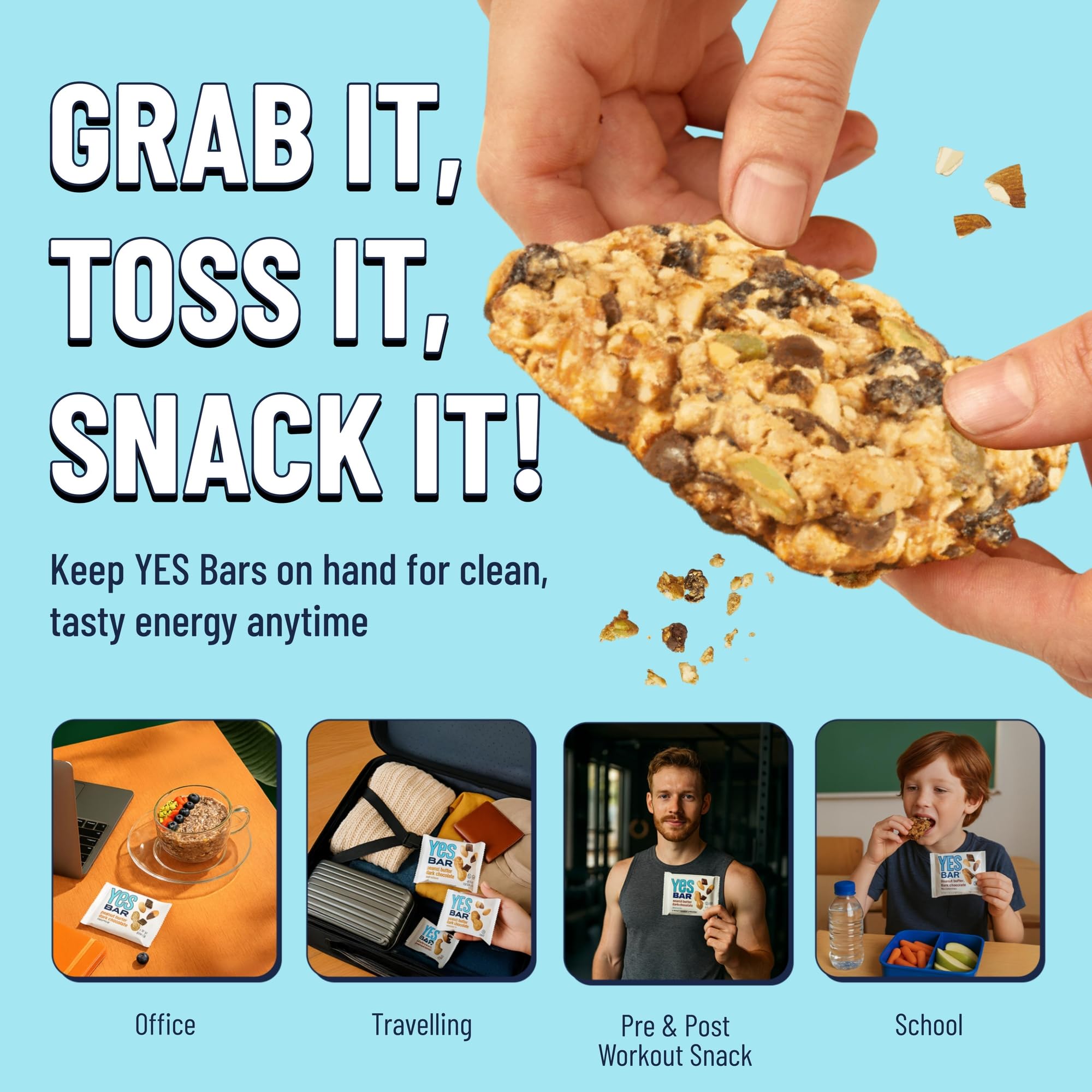 The YES Bar ingredient panel shot nudges with low sugar and plant protein benefits.