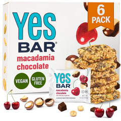 The YES Bar macadamnia chocolate packshot highlights a satisfying vegan snack option.