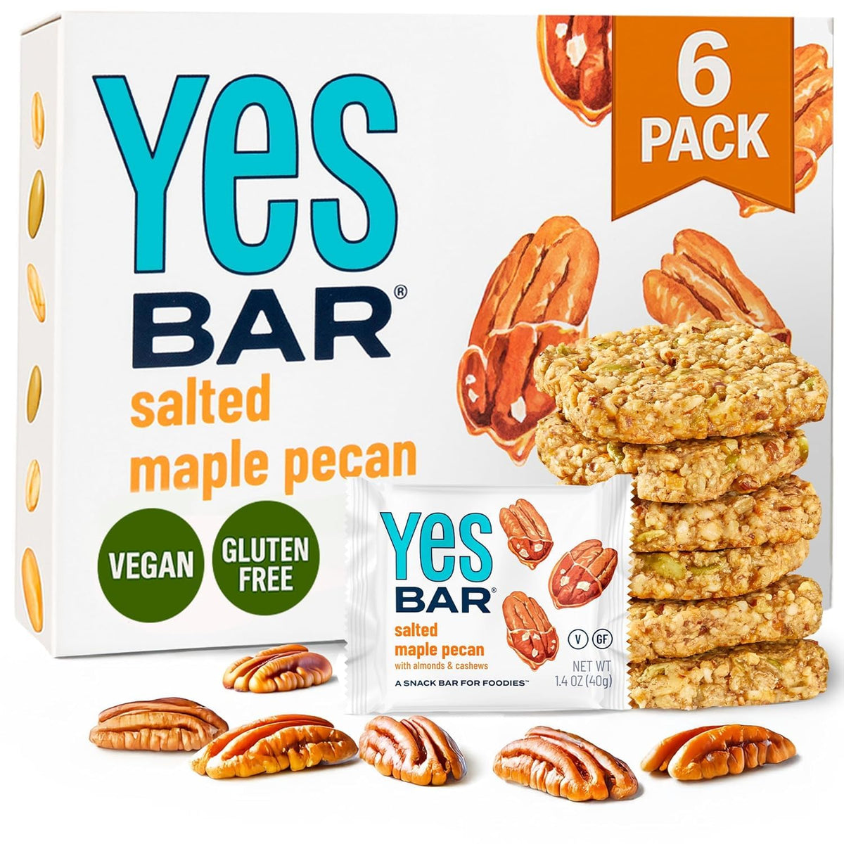 The YES Bar Salted Maple Pecan close-up highlighting maple, nuts, and chewy texture for a satisfying energy snack.
