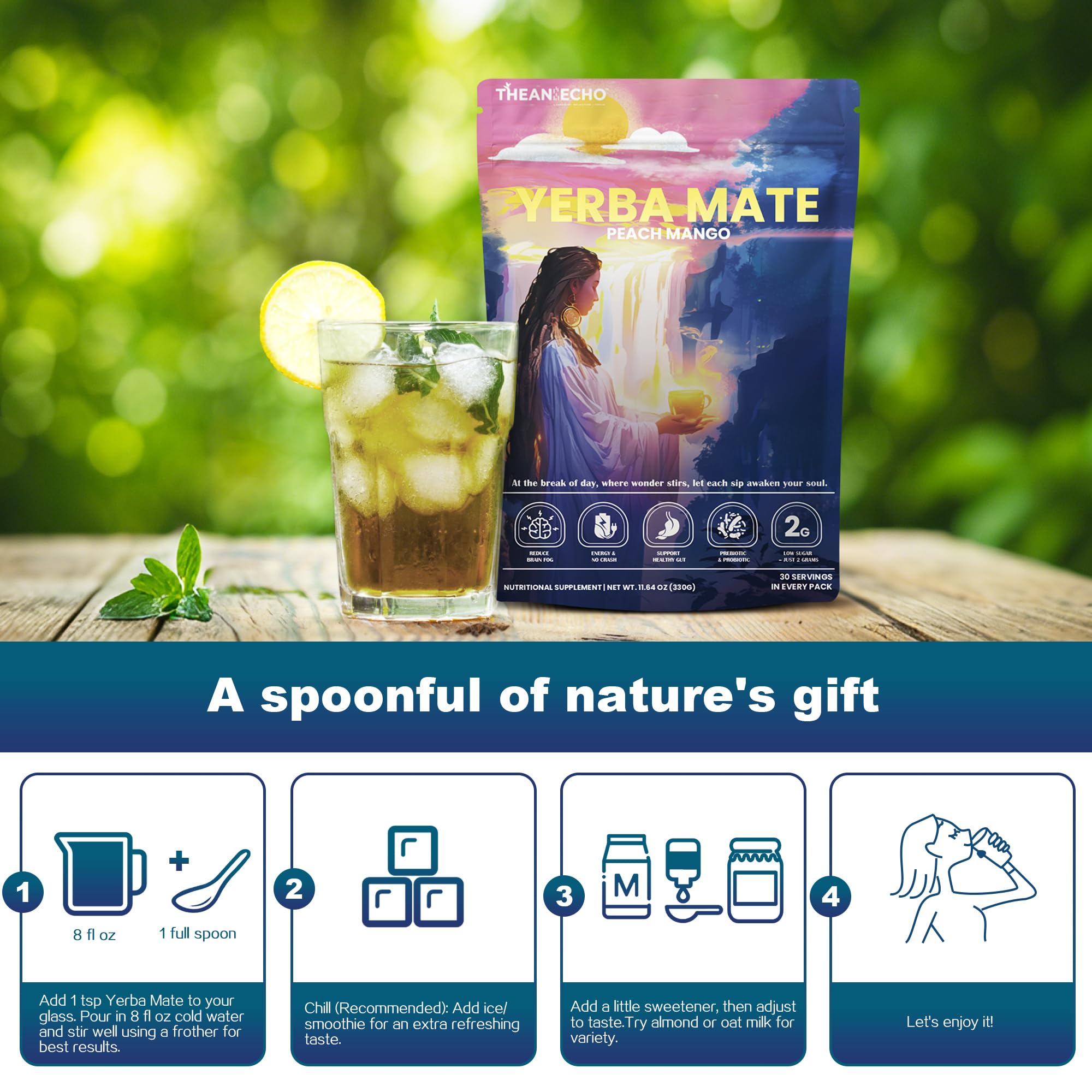 THEANECHO Yerba Mate Peach Mango Tea low sugar per serving offers lighter flavor.