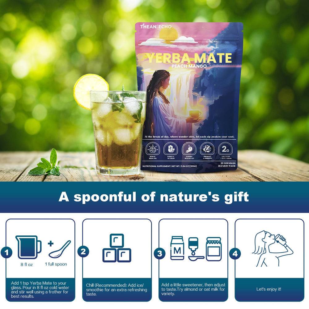 THEANECHO Yerba Mate Peach Mango Tea low sugar per serving offers lighter flavor.