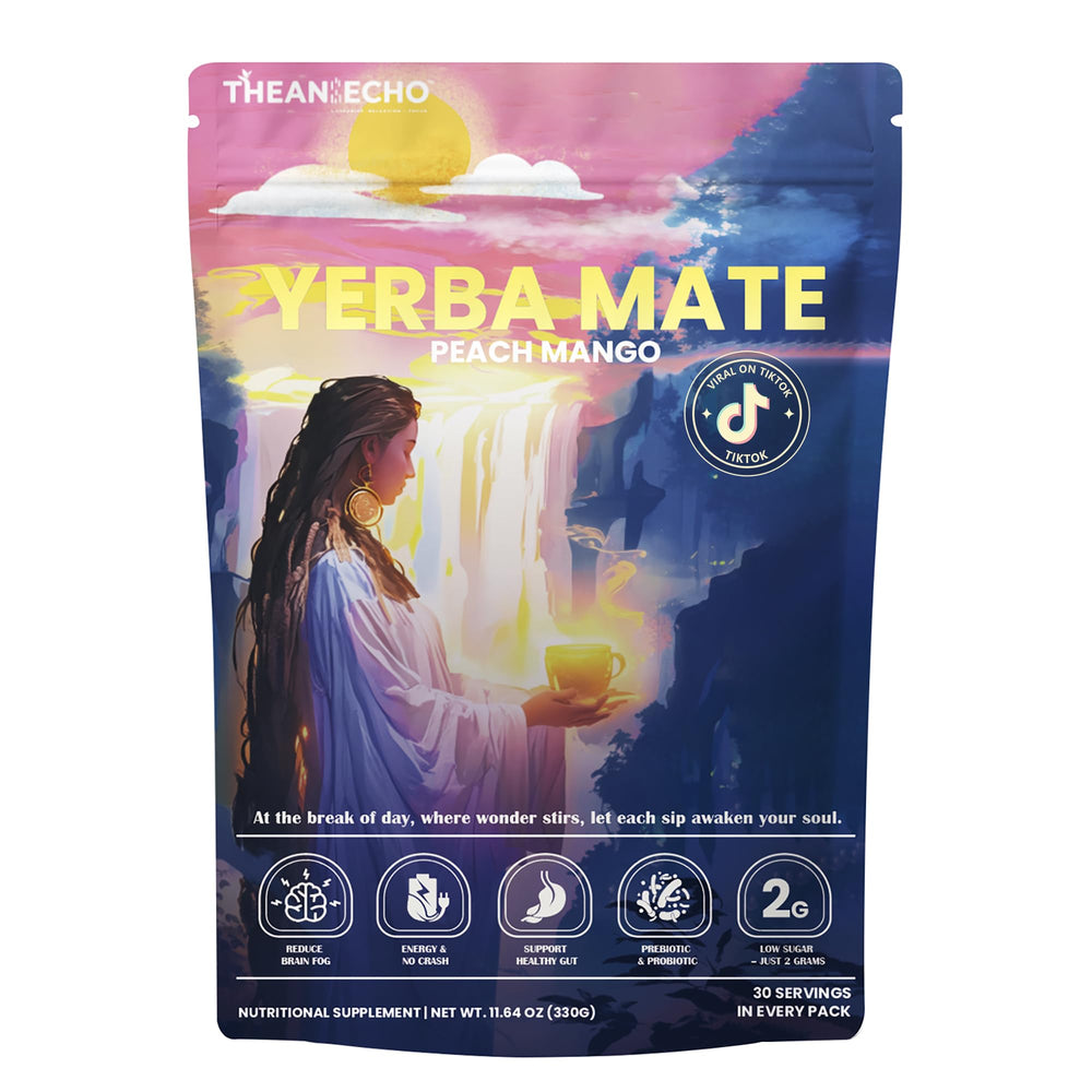THEANECHO Yerba Mate Peach Mango Tea packaging highlights organic, low-sugar formula.