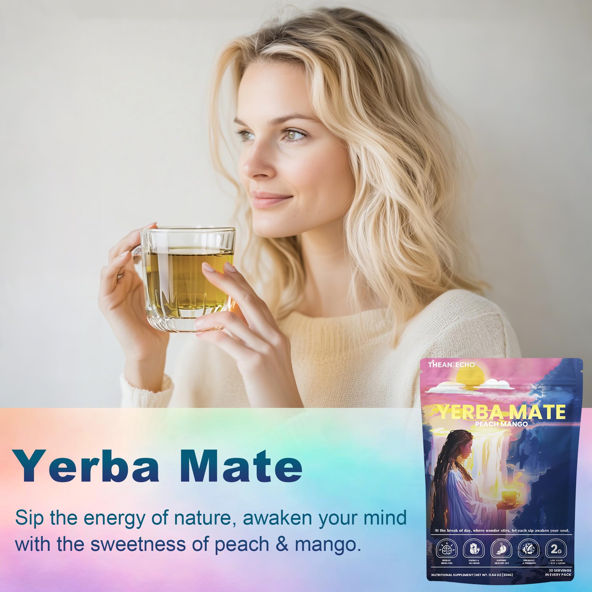 THEANECHO Yerba Mate Peach Mango Tea steeping cup releases bright peach aroma.