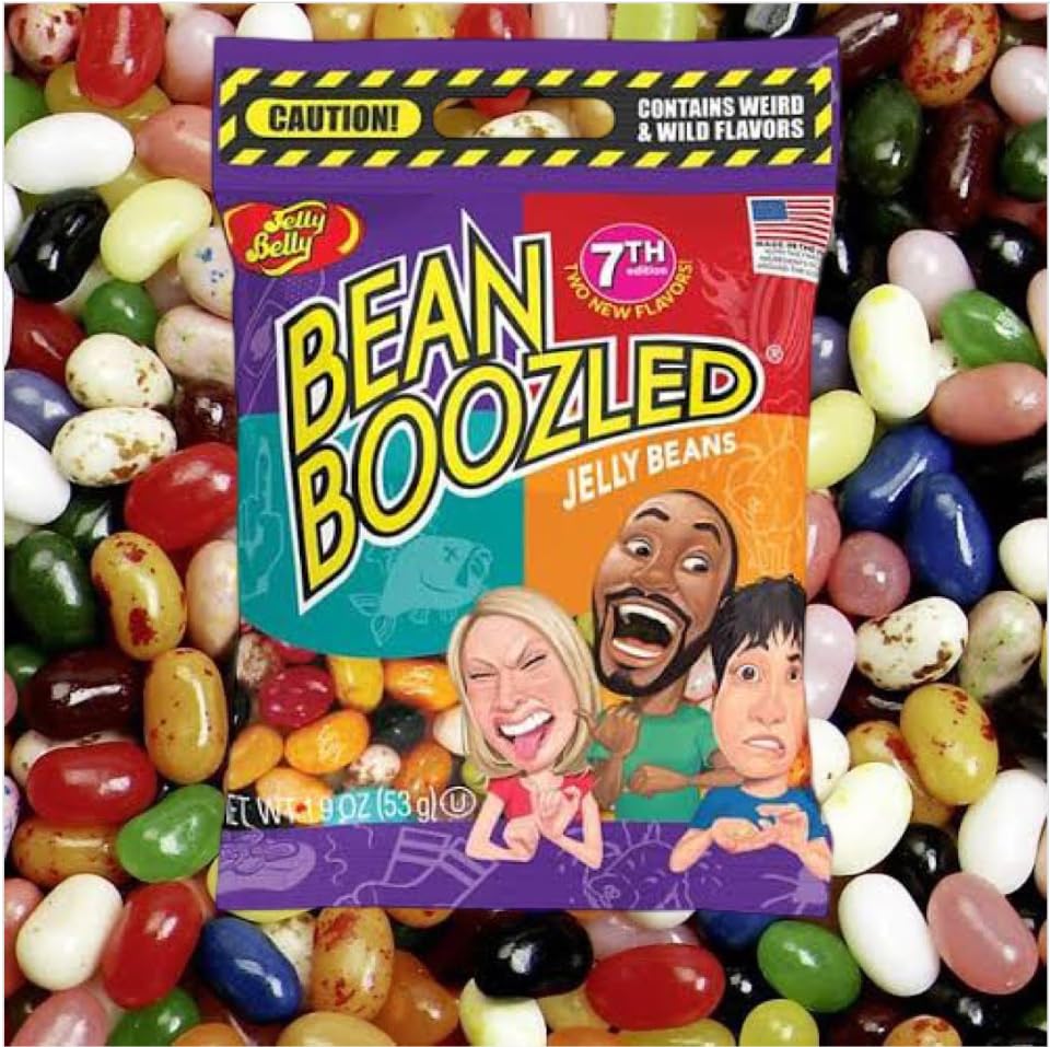 TheCandyCo BeanBoozled dispenser showing mystery-flavor beans for bets and laughter.