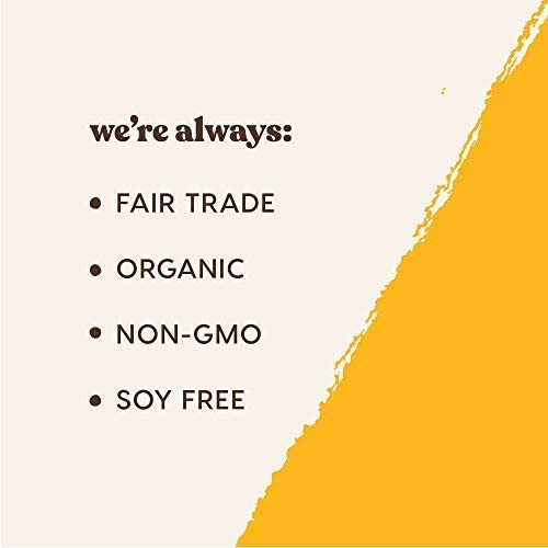 Fair Trade badge and packaging emphasizing ethical and organic choices.