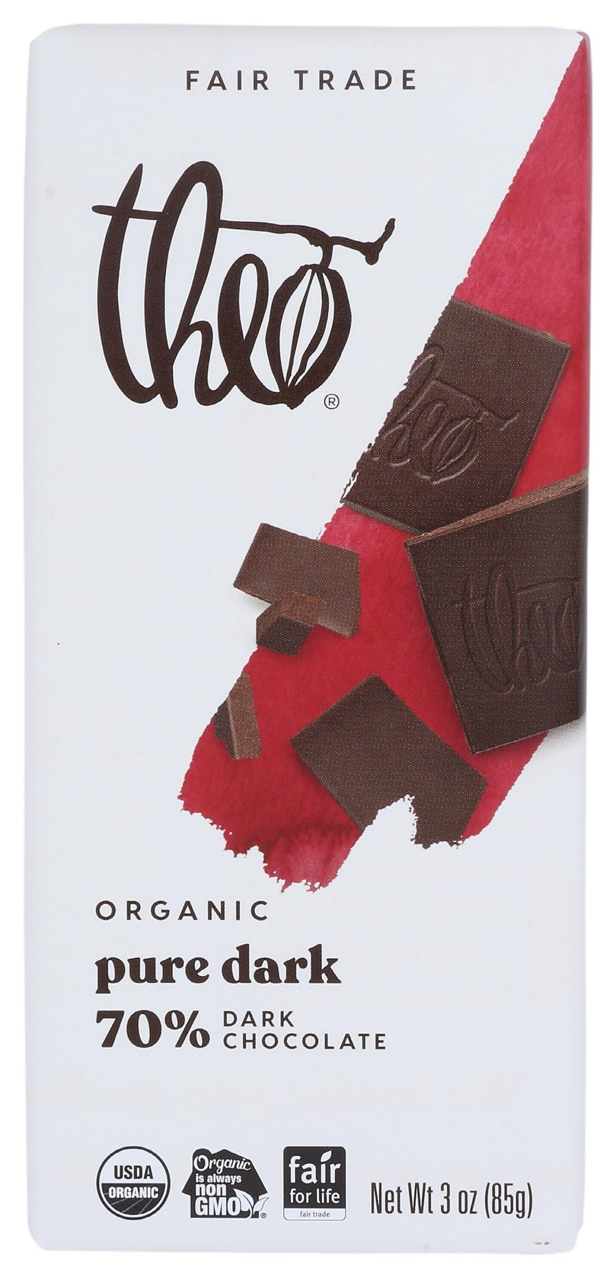 Theo Pure Organic Dark Chocolate Bar 70% cacao packaging highlighting organic ingredients