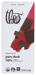Theo Pure Organic Dark Chocolate Bar 70% cacao packaging highlighting organic ingredients