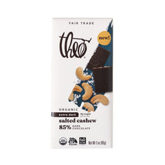 THEO salted cashew dark chocolate bar 85% cacao with rich crunch and ethical sourcing.