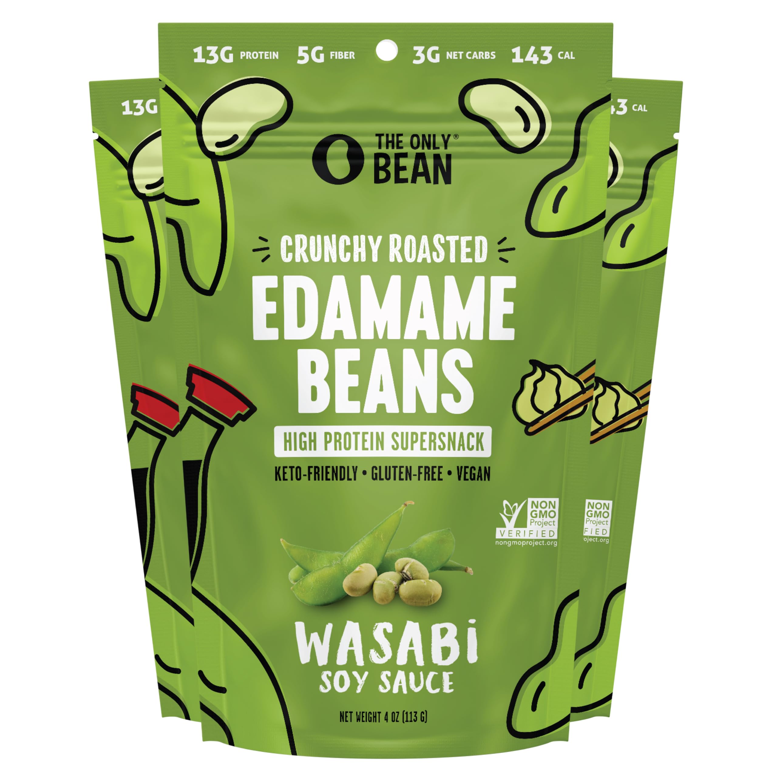 The Only Bean Edamame dry roasted wasabi soy sauce bag, ready for on-the-go snacking.