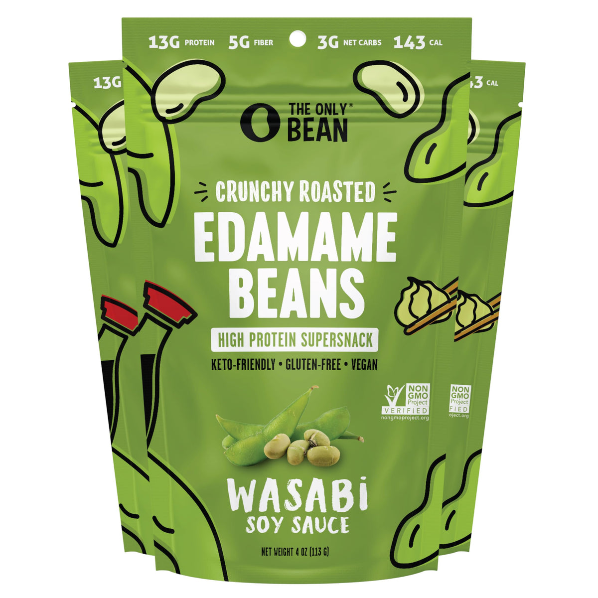 The Only Bean Edamame dry roasted wasabi soy sauce bag, ready for on-the-go snacking.