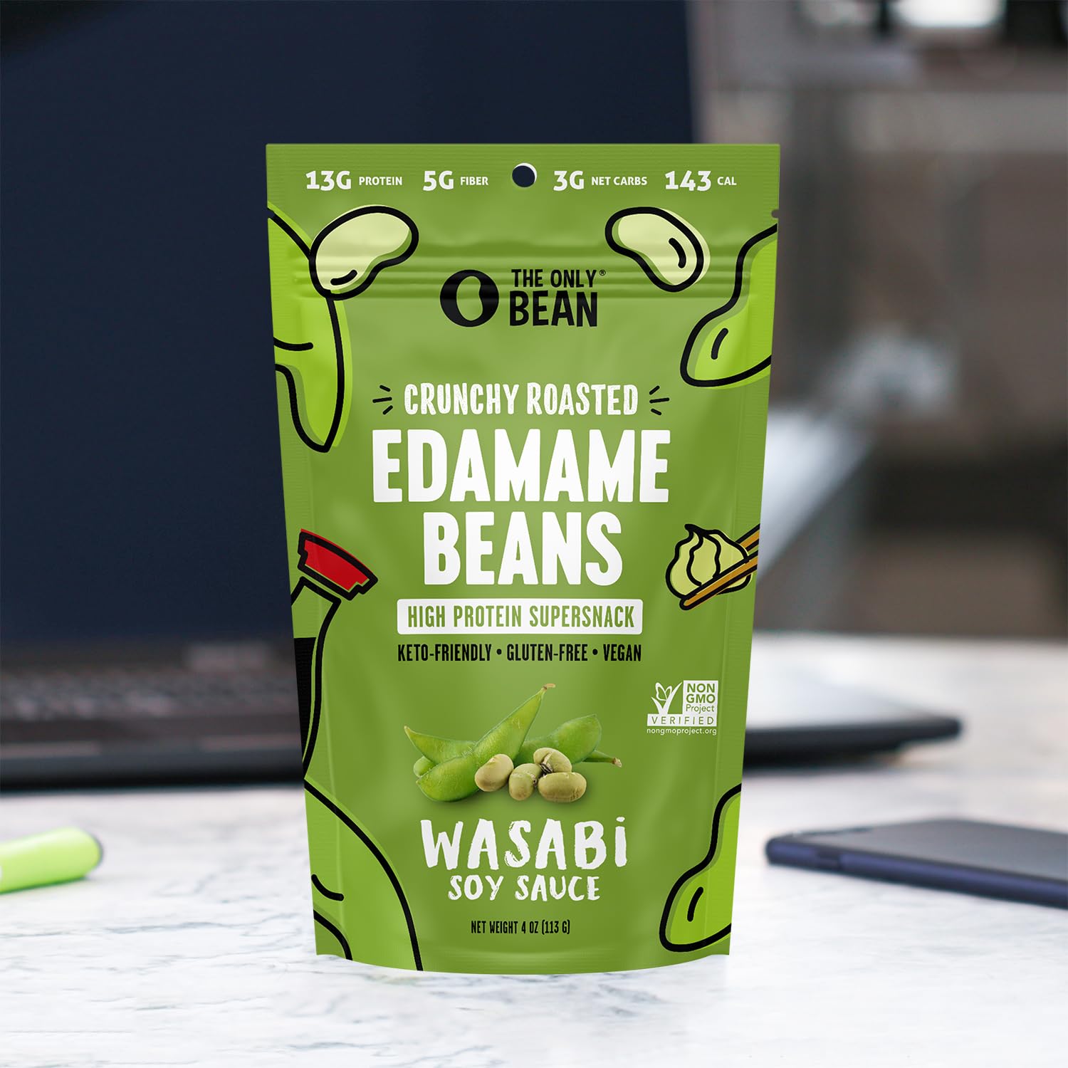 The Only Bean Edamame resealable pack ready for office or gym breaks.