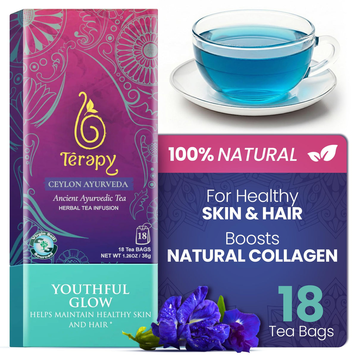 TERAPY Ceylon Youthful Glow tea bag with blue butterfly pea for a calming evening ritual.