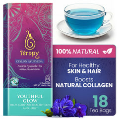TERAPY Ceylon Youthful Glow tea bag with blue butterfly pea for a calming evening ritual.