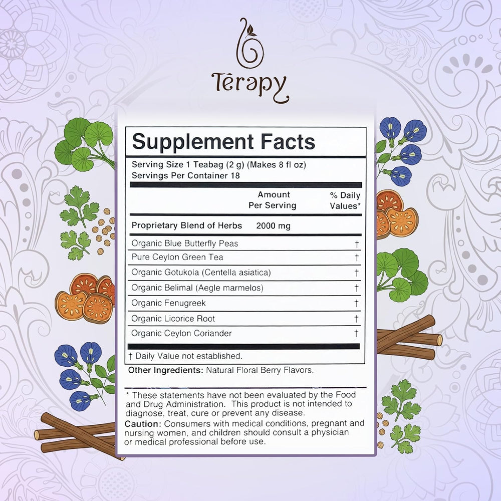 TERAPY Ceylon Youthful Glow tea bag with gotu kola supports daily skin wellness.