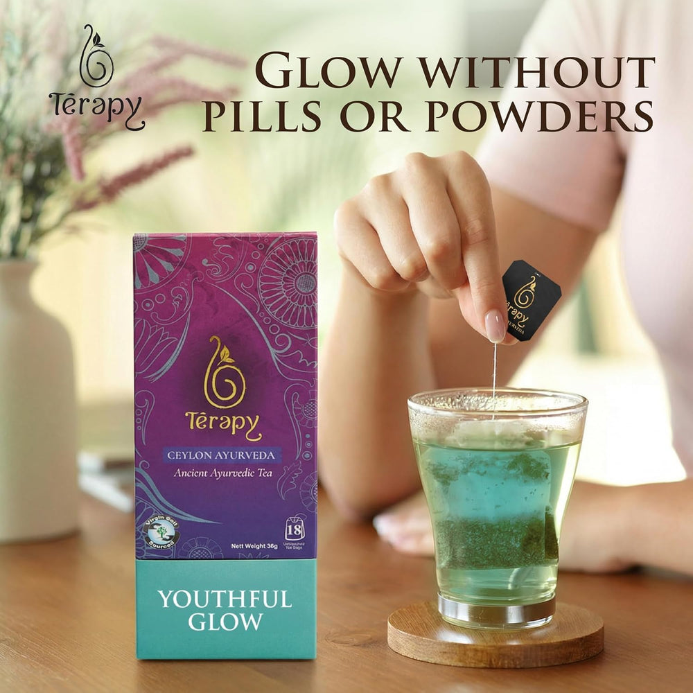 On-the-go TERAPY Youthful Glow tea bag for convenient daily ritual.