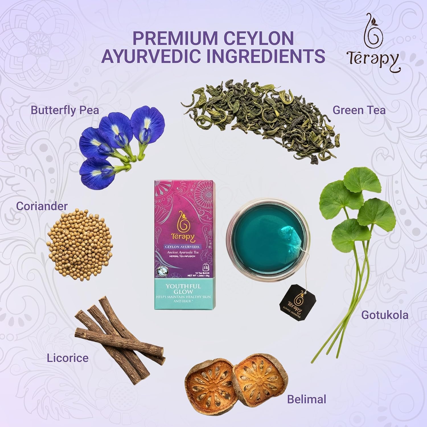 Hot water steeping the TERAPY Youthful Glow tea to release vibrant color.