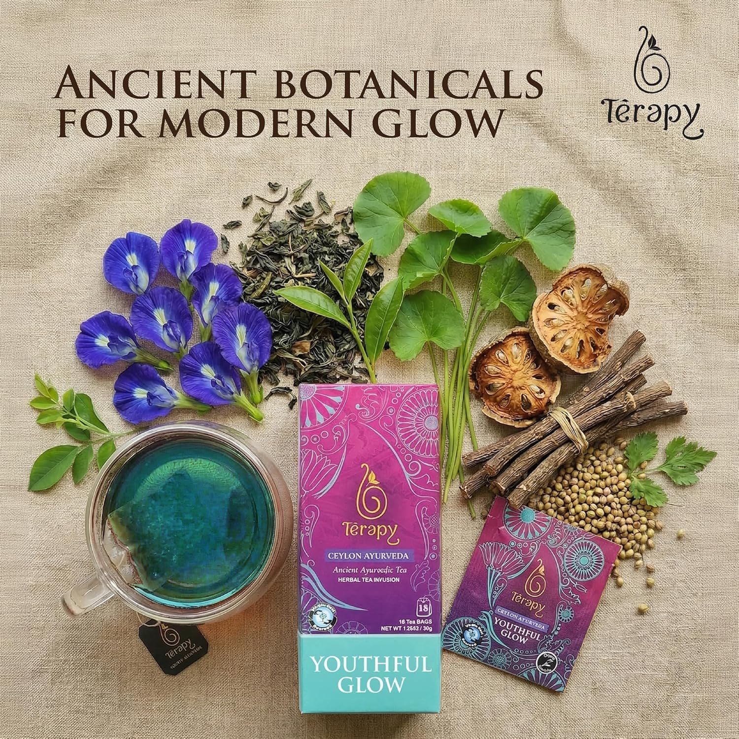 A cup of TERAPY Youthful Glow tea ready for a relaxing routine.