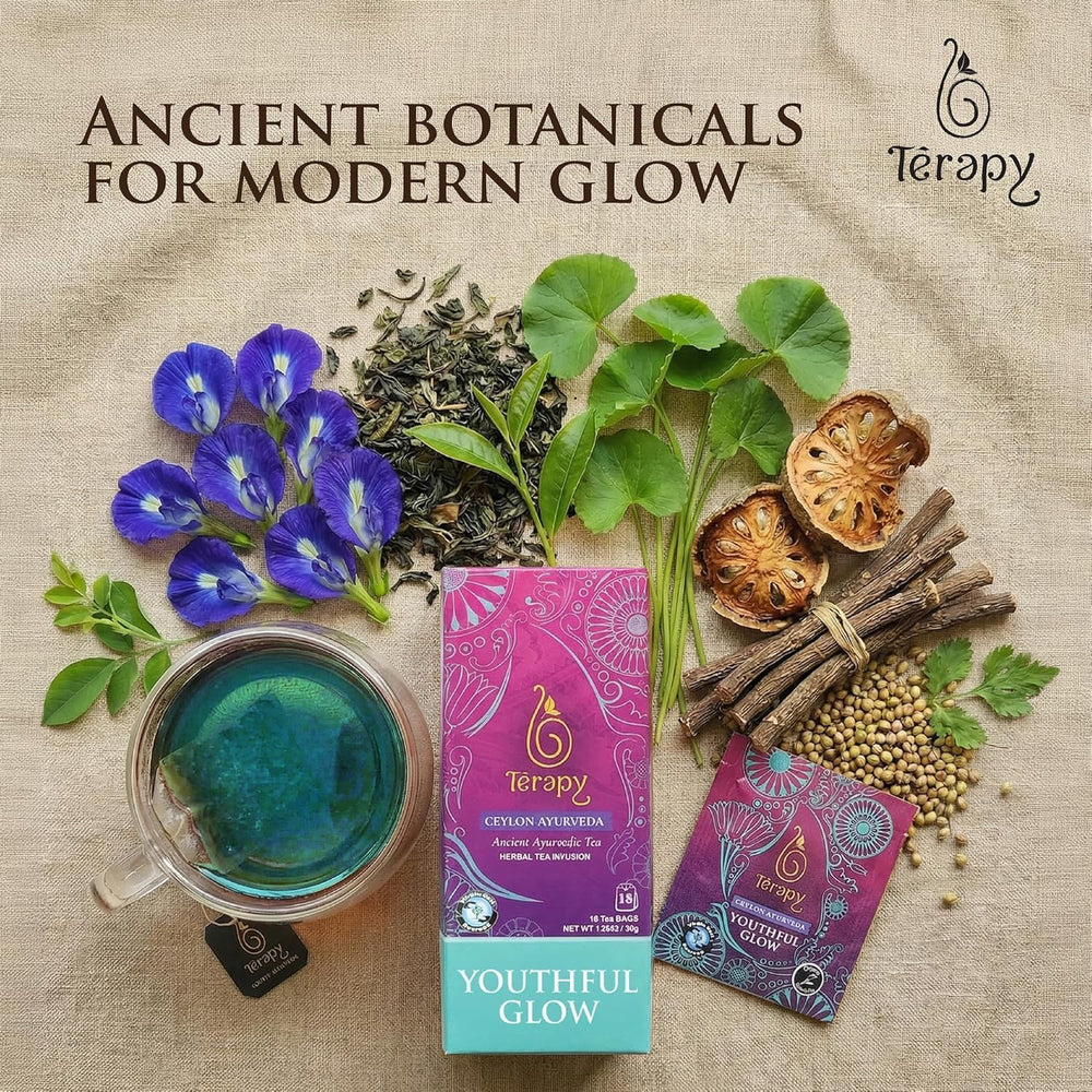A cup of TERAPY Youthful Glow tea ready for a relaxing routine.