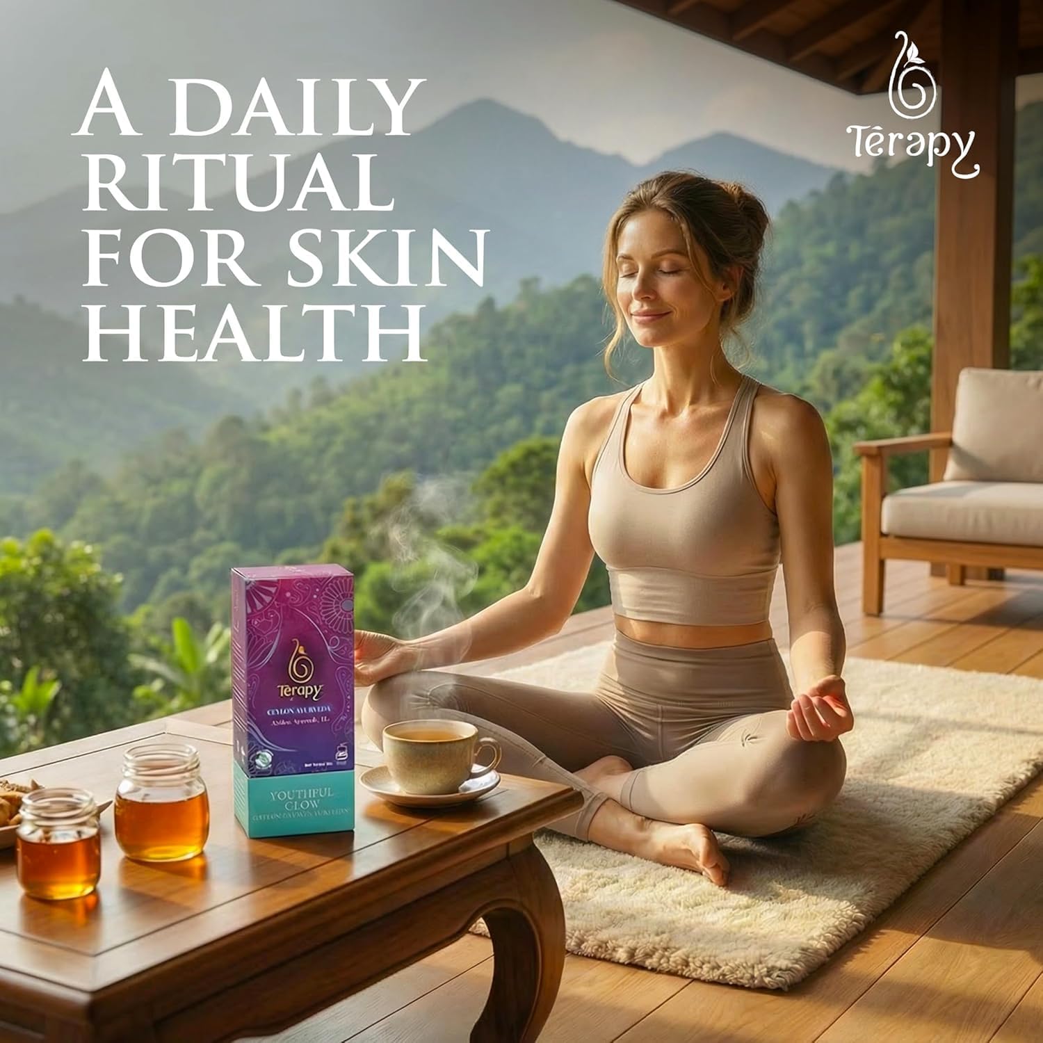 TERAPY Youthful Glow tea on a shelf showing artisanal Sri Lankan craftsmanship.