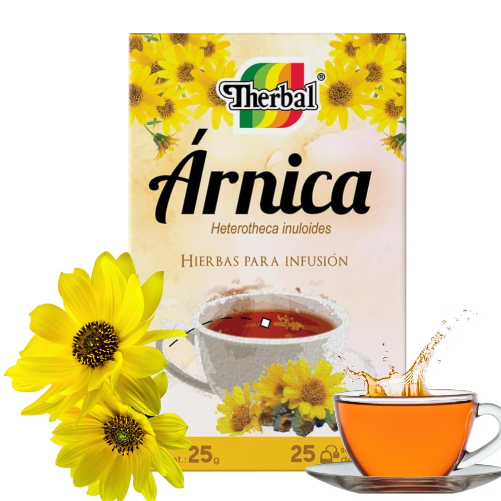 Therbal Arnica Herbal Tea box front view, natural infusion ready for anytime