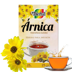 Therbal Arnica Herbal Tea box front view, natural infusion ready for anytime