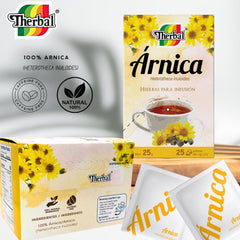 Therbal Arnica tea bags steeping in a cup, warm aromatics
