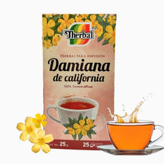 Therbal Damiana California tea bag close-up highlighting caffeine-free infusion.