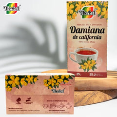 Therbal Damiana California tea in cup, aromatic and smooth infusion.