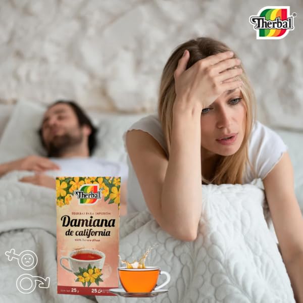 Therbal Damiana California packaging shows 25 caffeine-free tea bags.