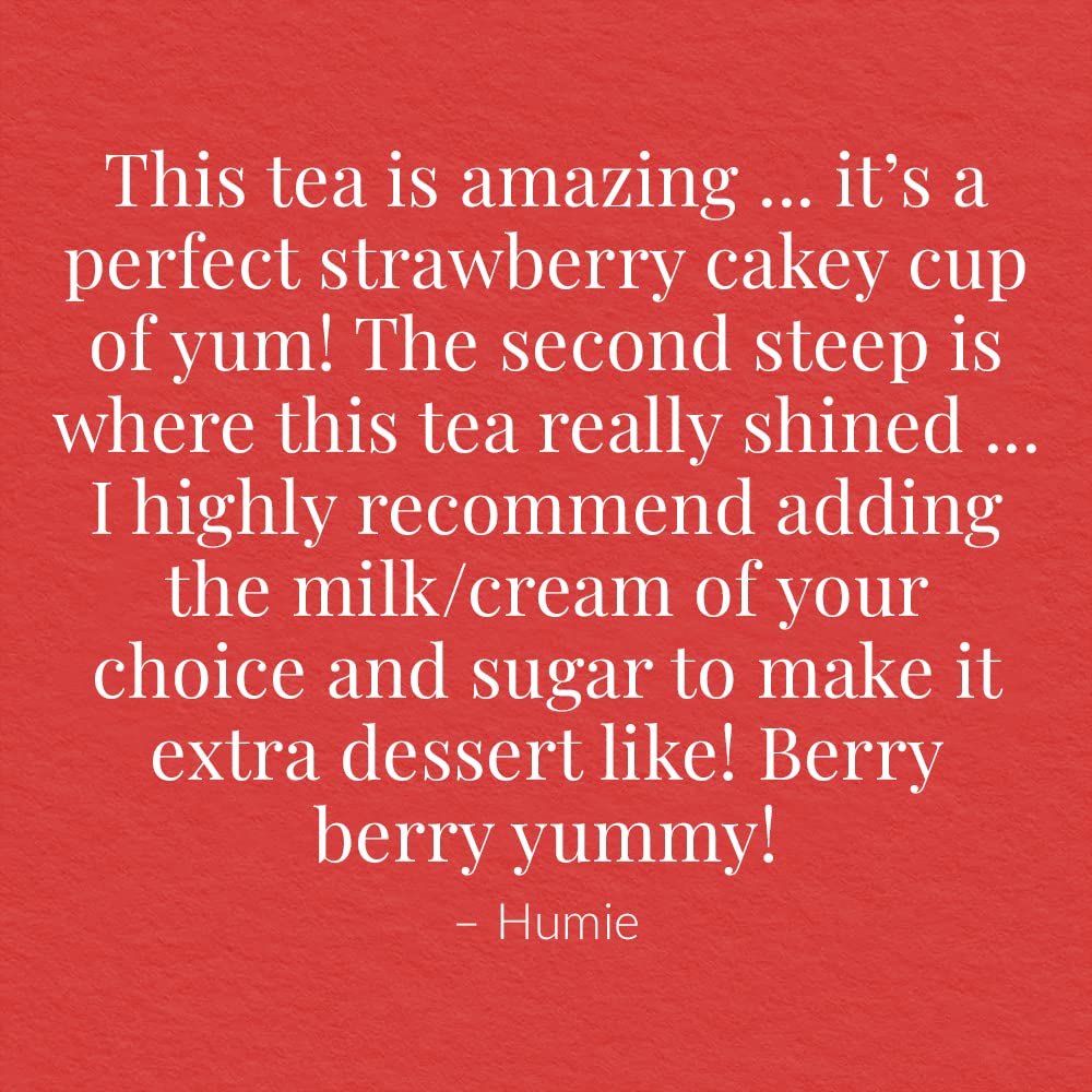 The Republic of Tea Strawberry Shortcake cuppa cake tea bag closeup highlights premium organic ingredients.