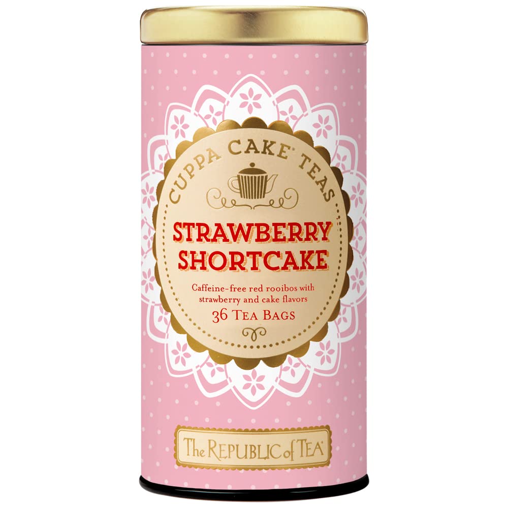 The Republic of Tea Strawberry Shortcake cuppa cake tea bag on a saucer for a cozy moment.