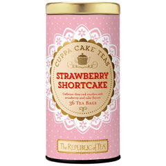 The Republic of Tea Strawberry Shortcake cuppa cake tea bag on a saucer for a cozy moment.