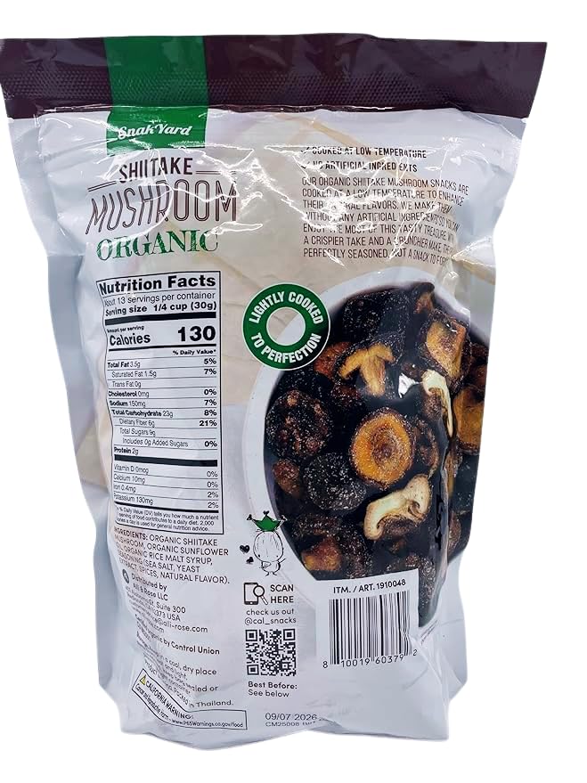 The Snak Yard Shiitake Crisps bag open with seasoned chips ready to enjoy