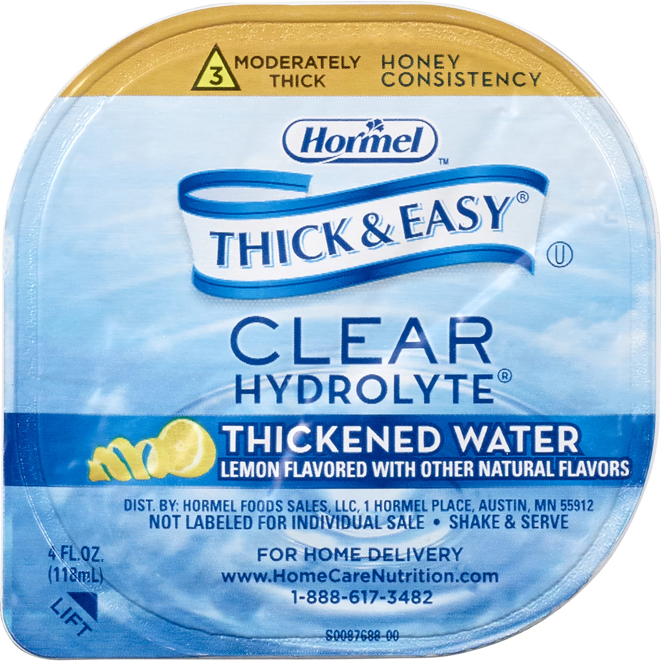 Pouring Thick & Easy Hydrolyte thickened water from a bottle for controlled thickness