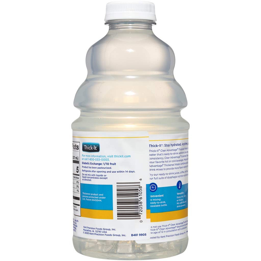 Thick-It Clear Advantage bottle honey consistency indicates moderately thick texture.