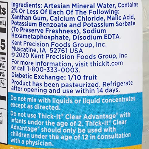 Open Thick-It Clear Advantage bottle pouring into glass to show ready-to-drink use.