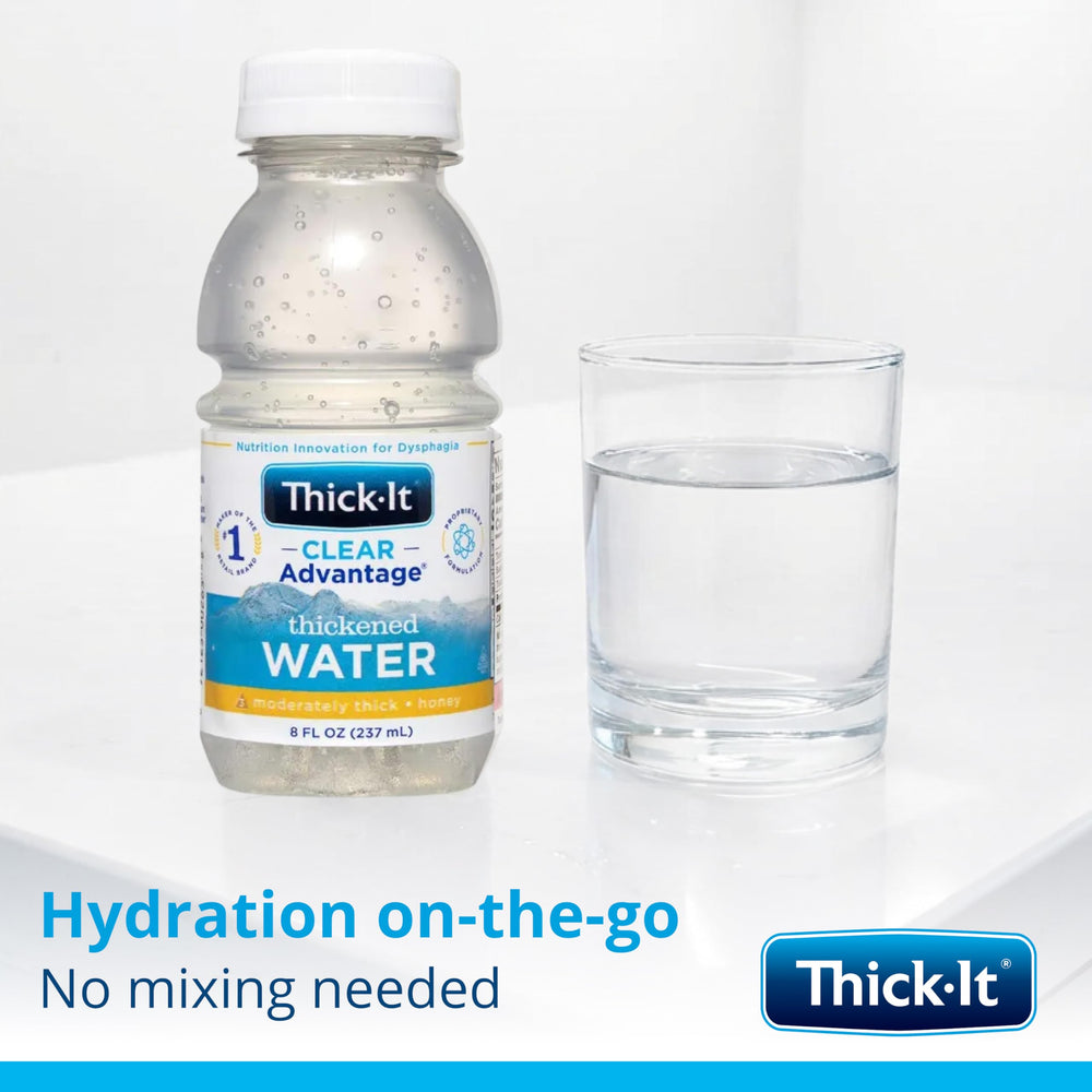 Thick-It Clear Advantage bottle poured into broth to suggest meal compatibility.