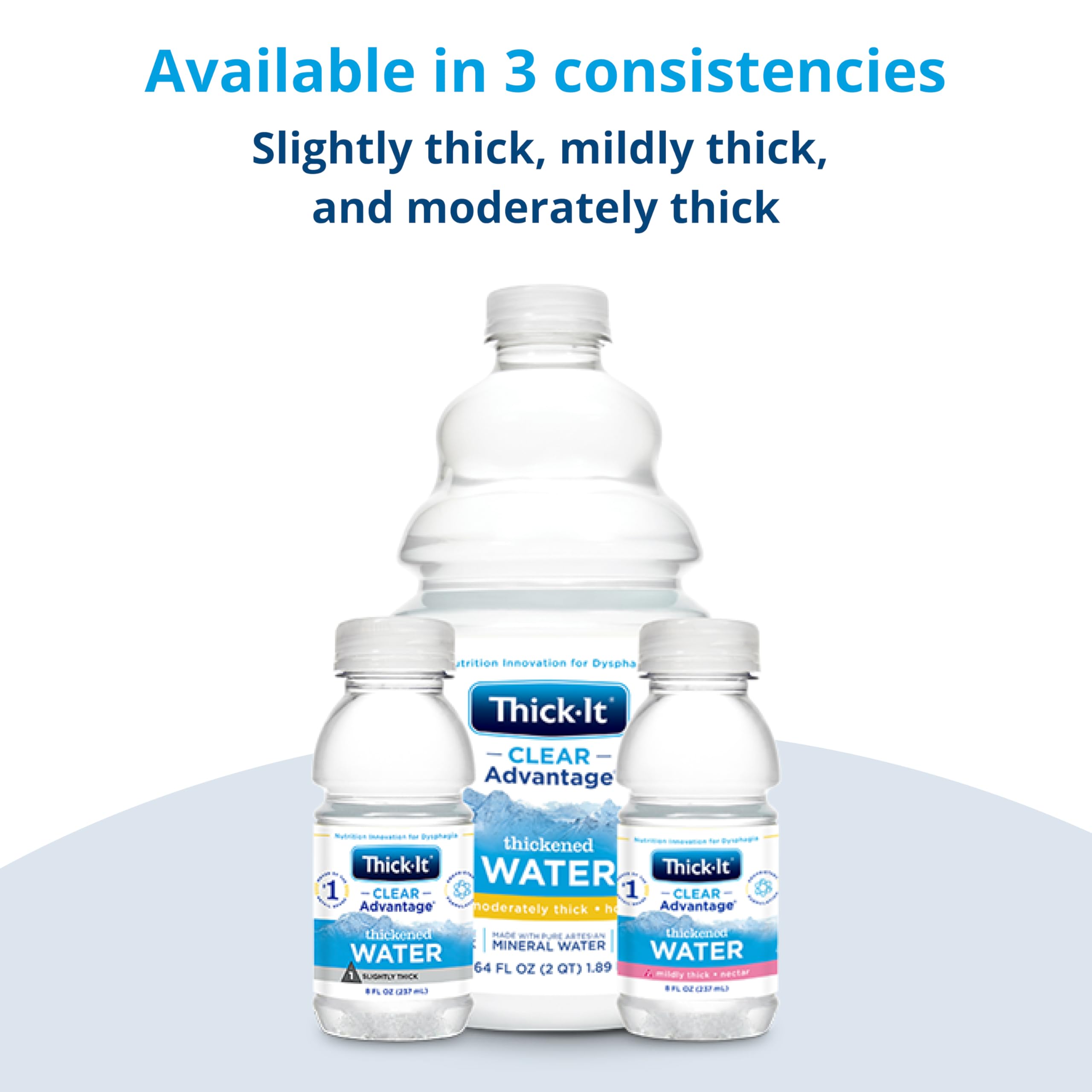 Thick-It Clear Advantage bottle beside cups and spoon showing serving size.