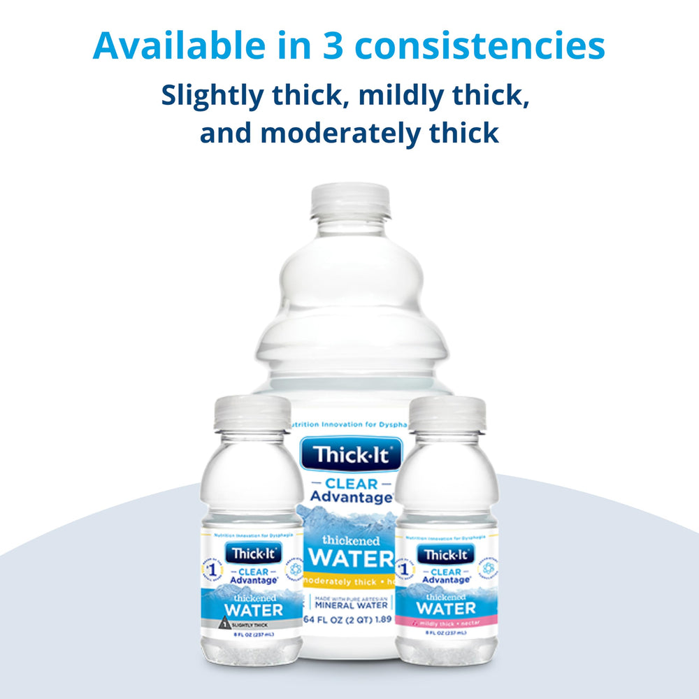 Thick-It Clear Advantage bottle beside cups and spoon showing serving size.
