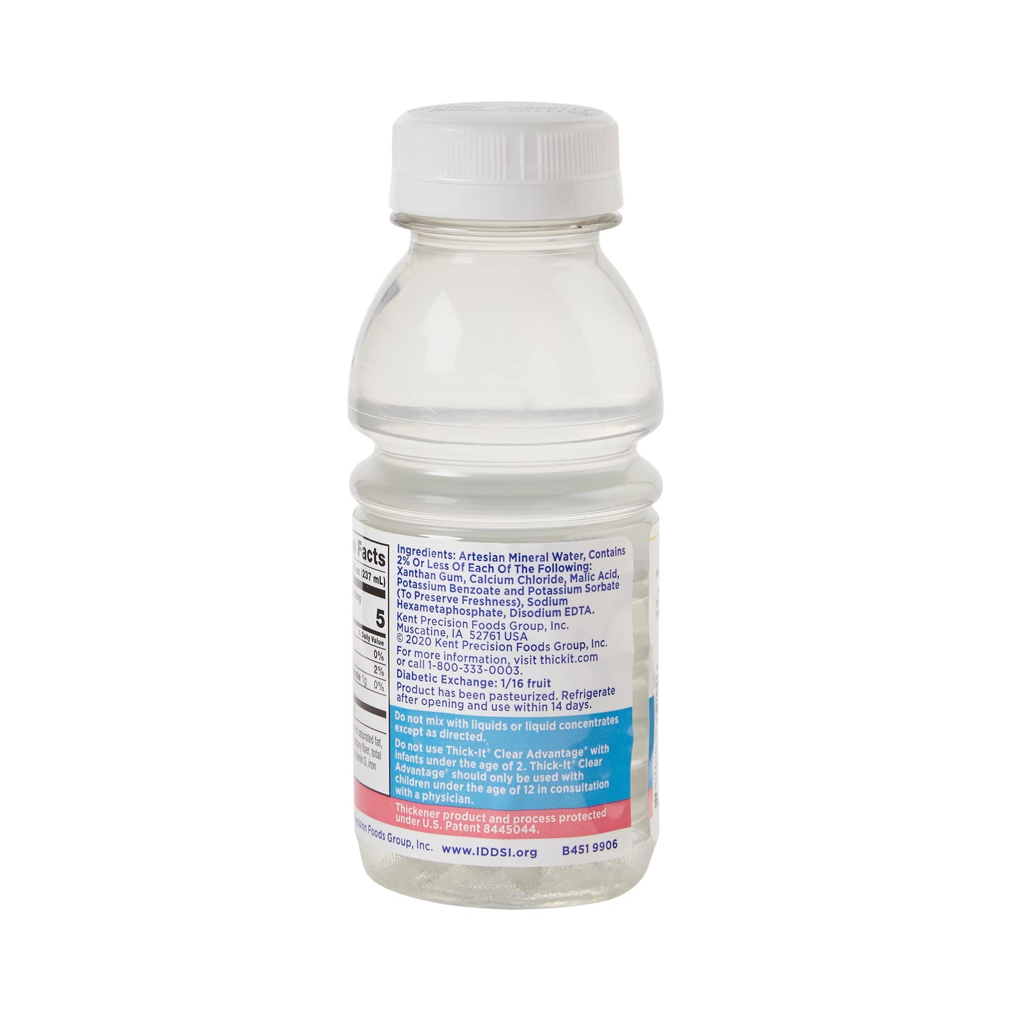Close-up of Thick-It Clear Advantage label showing flavorless thickening formula