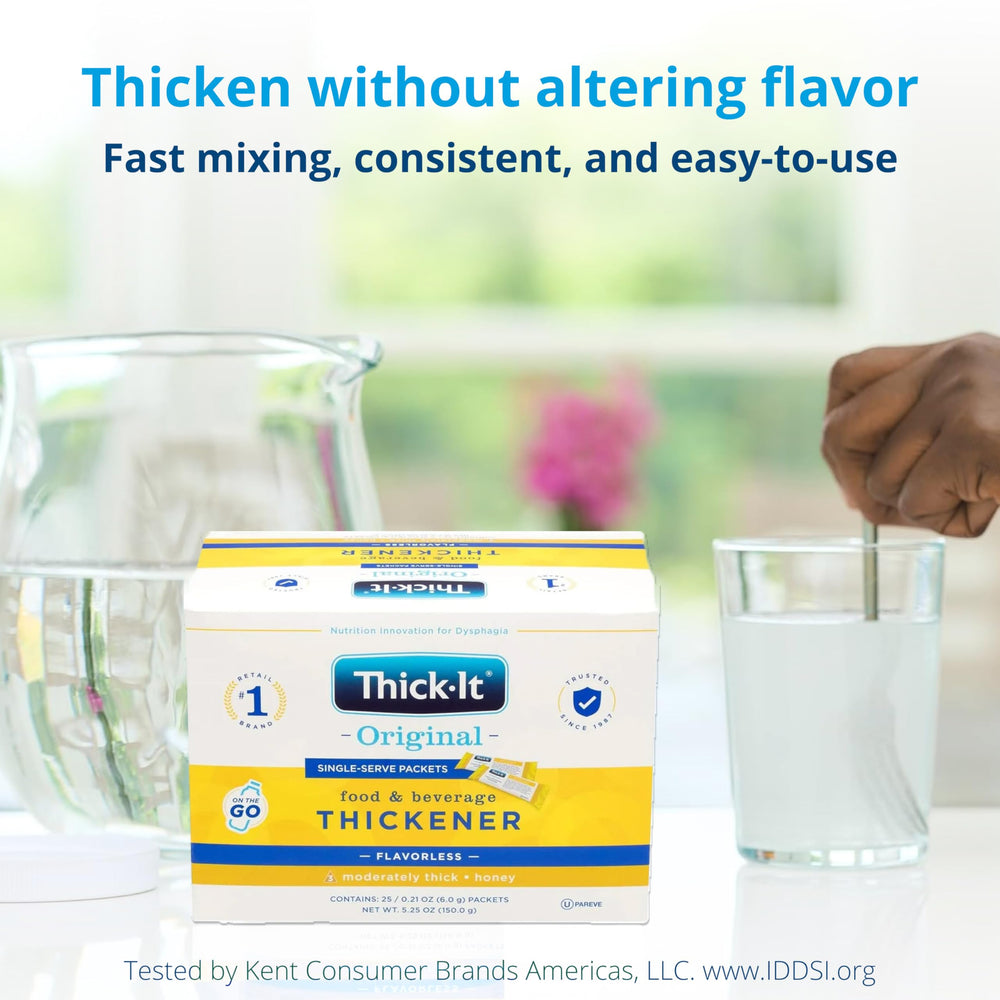 Thick-It Original packet dissolves into beverages for flexible texture control.