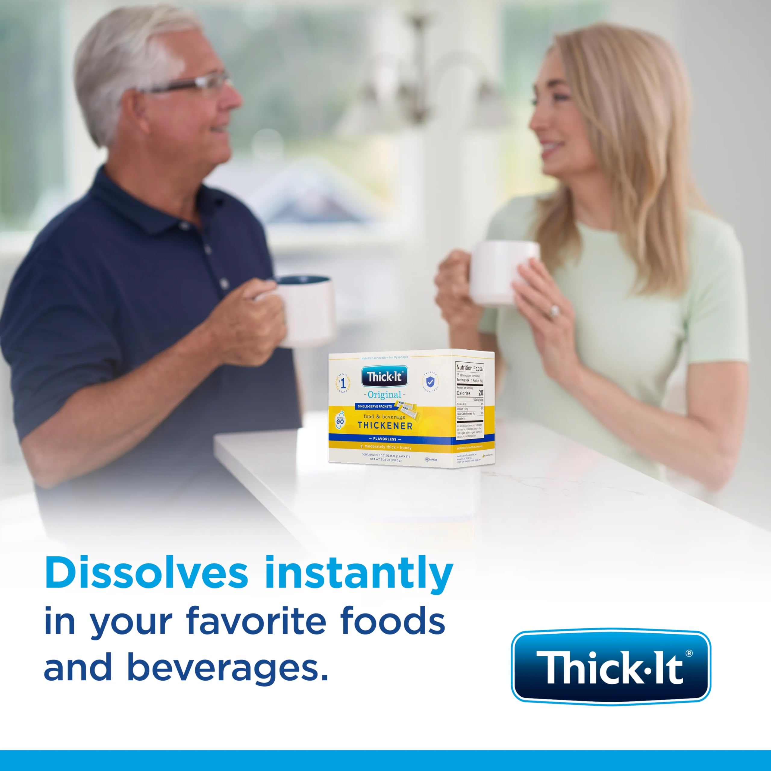 Thick-It Original packet dissolves into hot cereal for controlled thickness.