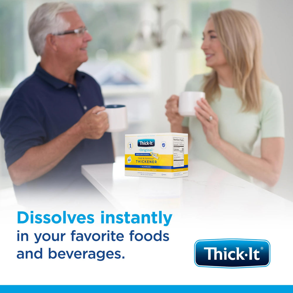 Thick-It Original packet dissolves into hot cereal for controlled thickness.