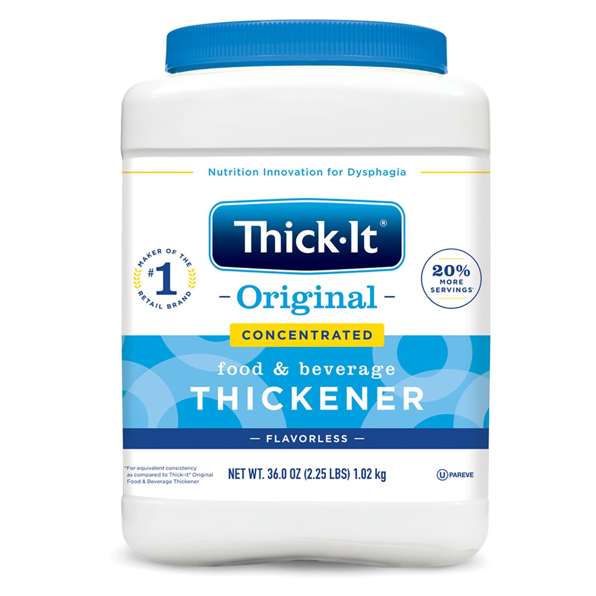 Thick-It Original powder being dispensed for quick, flavorless thickening for easier swallowing.