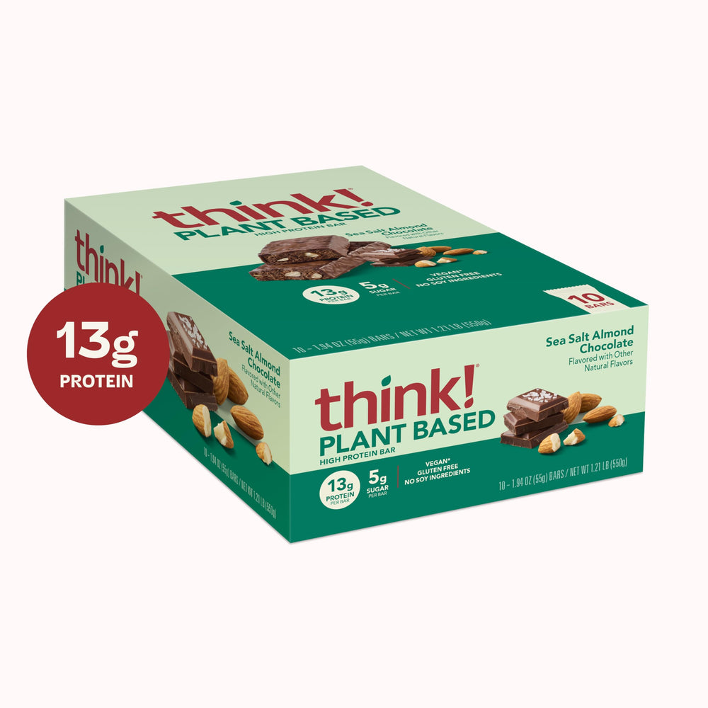 Think! Sea Salt Almond Chocolate bar close-up shows rich chocolate and roasted almonds for indulgent cravings.